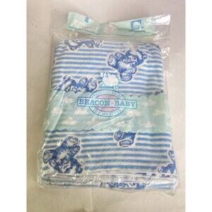 Beacon Baby 2 Receiving Blanket Blue White Boy Teddy Bear Striped Vintage NEW